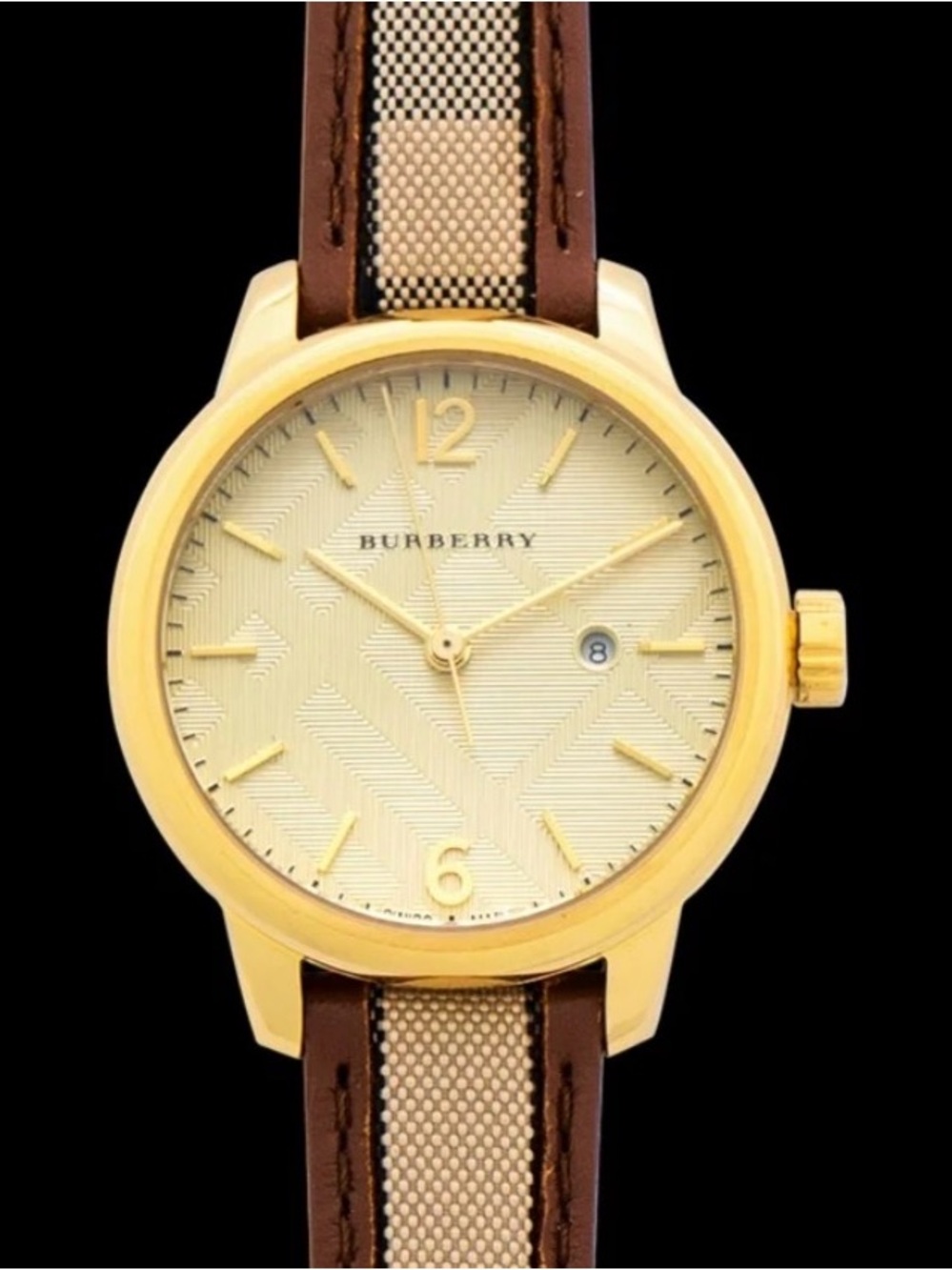 Burberry Gold and Brown Canvas Leather Strap Watch
